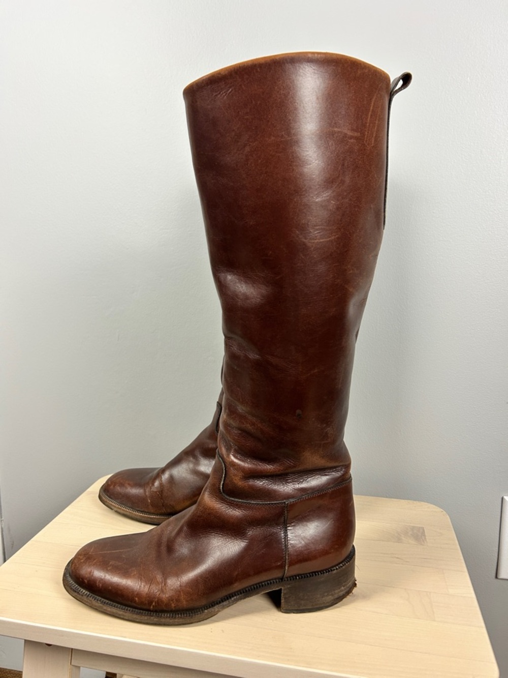 CAREL PARIS Vintage Leather Riding Boots Pull On Size 7.5/38.5 Mahogany Brown